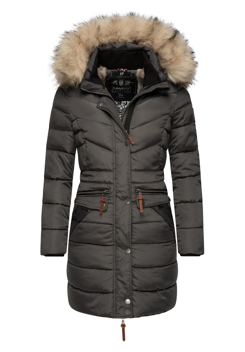 Dark gray puffer jacket with a faux fur hood. Features zippered pockets and elastic waist. Smooth texture with horizontal quilting.