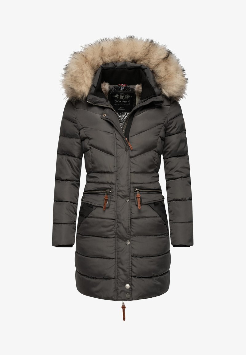 Dark gray puffer jacket with a faux fur hood. Features zippered pockets and elastic waist. Smooth texture with horizontal quilting.