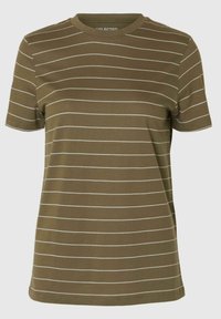 T-shirt verde oliva con strisce orizzontali bianche, scollatura rotonda, maniche corte e una superficie in tessuto di cotone liscio.