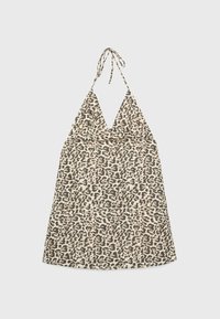 Robe mini sans manches à col halter, motif léopard beige et noir, avec un profond décolleté en V et des bretelles à nouer.