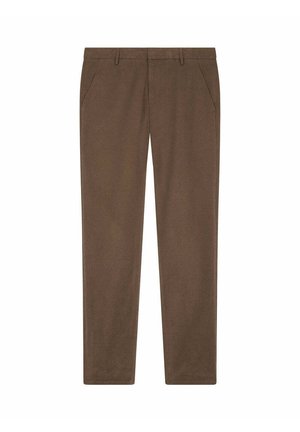 Pantaloni marroni su misura realizzati in tessuto liscio, dotati di due tasche laterali, un design a gamba dritta e senza motivi o dettagli visibili.