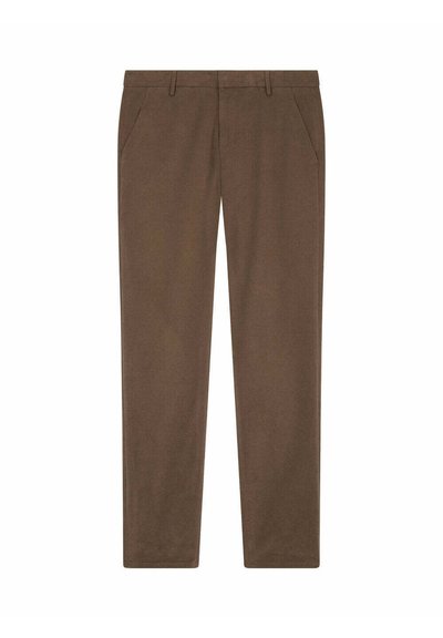 Pantalons marron ajustés en tissu lisse, dotés de deux poches latérales, d'une coupe droite et sans motifs ni accents visibles.