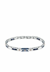 Bracciale in acciaio inossidabile con link in ceramica blu navy e accenti in oro rosa. Design a catena con forme triangolari e rettangolari.