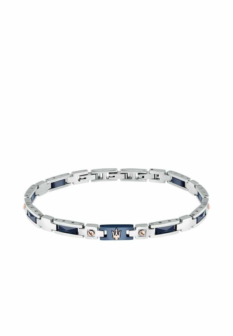 Bracciale in acciaio inossidabile con link in ceramica blu navy e accenti in oro rosa. Design a catena con forme triangolari e rettangolari.