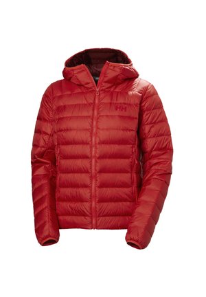 Czerwona pikowana kurtka puchowa z kapturem, przednim zamkiem błyskawicznym, bocznymi kieszeniami oraz subtelnym logo "HH" na lewej piersi.