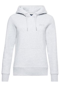 Sudadera con capucha de color gris claro, hecha de una tela suave. Presenta un bolsillo frontal, capucha con cordones y un pequeño logo en el pecho.