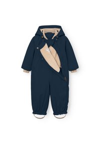 Mørkeblå, isolert jumpsuit med fleece-fôret innvendig, glidelås, justerbare mansjetter og elastiske fotstropper. Har hette.