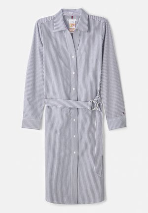 Striped long shirt dress in blue and white. Features a collar, button closure, long sleeves, and a belted waist with a round buckle.