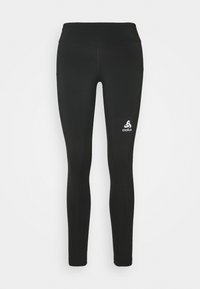 Leggings negros hechos de una tela elástica con una cintura alta. Presenta un logo blanco en la parte inferior de la pierna izquierda. Textura suave, diseño ajustado.