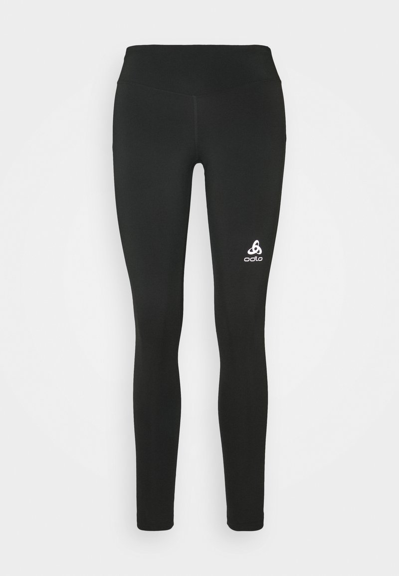 Leggings negros hechos de una tela elástica con una cintura alta. Presenta un logo blanco en la parte inferior de la pierna izquierda. Textura suave, diseño ajustado.