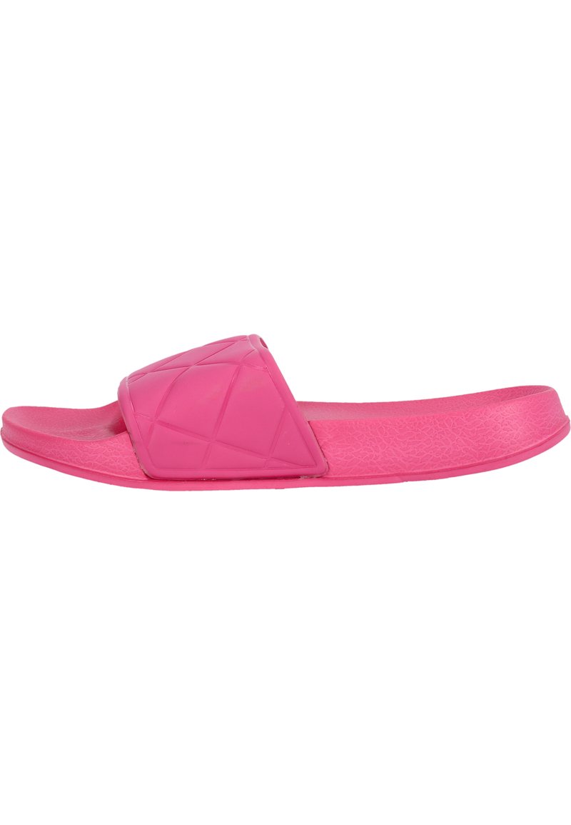 Roze schuifsandaal van rubber met een gestructureerde band die een geometrisch patroon heeft. Platte zool met een gladde afwerking.