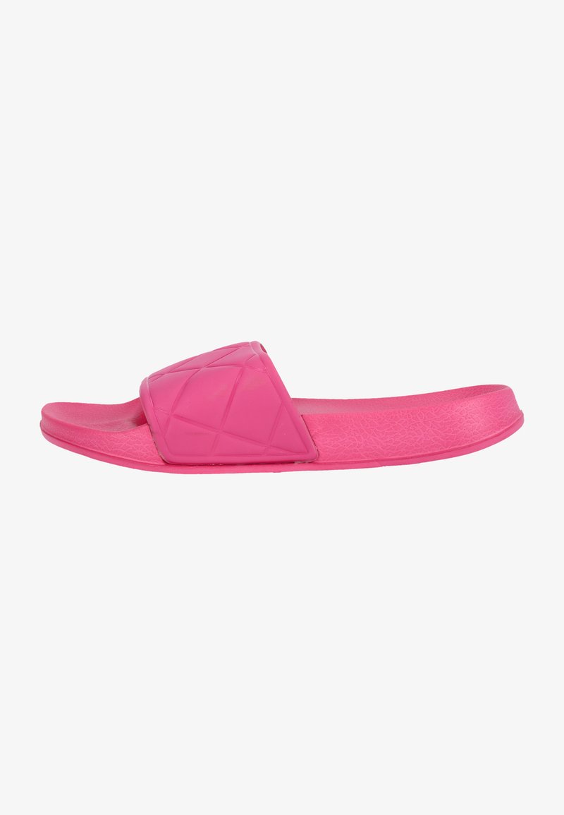 Roze schuifsandaal van rubber met een gestructureerde band die een geometrisch patroon heeft. Platte zool met een gladde afwerking.