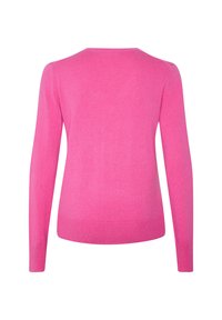 Rosa Strickpullover mit langen Ärmeln, Rundhalsausschnitt und einer glatten Textur. Keine sichtbaren Muster oder Akzente auf der Rückansicht.
