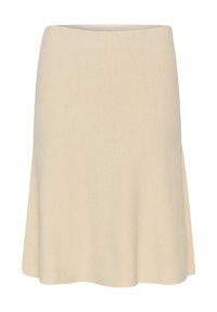Strikket beige nederdel med en flagrende form og en blød tekstur. Har en bred taljeelastik for komfort og en glat, sømløs finish.