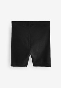 Shorts en coton noir extensible présentant un design simple, une texture lisse et une taille élastique pour le confort. Pas de motifs ni d'accents visibles.