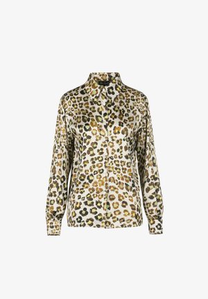 Bluzica z vzorcem leoparda z ovratnikom, dolgimi rokavi in sprednjim zapiranjem na gumb. Tkanina ima gladko, sijočo teksturo.
