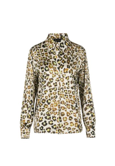Blusa con stampa leopardata, colletto, maniche lunghe e chiusura anteriore con bottoni. Il tessuto ha una texture liscia e lucida.