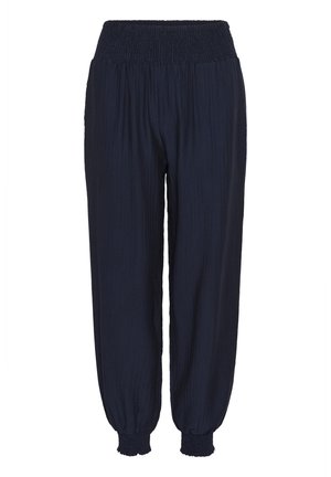 Pantalons légers bleu marine avec un ceinture smockée et des poignets élastiques, dotés d'un tissu texturé pour le confort et la liberté de mouvement.