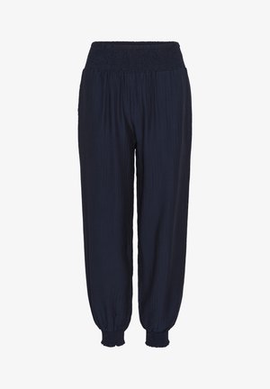 Navy blue, lightweight trousers with a smocked waistband and elastic cuffs, featuring a textured fabric for comfort and ease of movement.