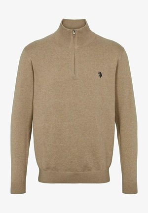 Pull-over en maille beige à manches longues avec col à demi-fermeture éclair et petit logo noir brodé sur la poitrine gauche.