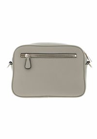 Szara skórzana torebka typu crossbody o gładkiej fakturze, prostokątnym kształcie i kieszeni na zamek z przodu. Posiada srebrne akcenty hardware.