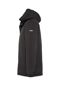 Sort polstret jakke med hætte, der har en glat tekstur, lynlåslukning foran, elastiske manchetter og et logo på venstre ærme.