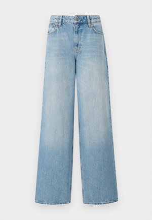 Light blue wide-leg jeans with a high waist, featuring fading at the legs, belt loops, and traditional metal button and zipper closure.