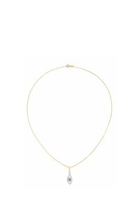 Guld kæde med et marquise-formet violet ædelsten vedhæng, indsat i en sølvramme med intrikate detaljer.