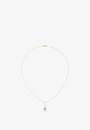Gold chain necklace featuring a marquise-shaped violet gemstone pendant, set in a silver frame with intricate detailing.