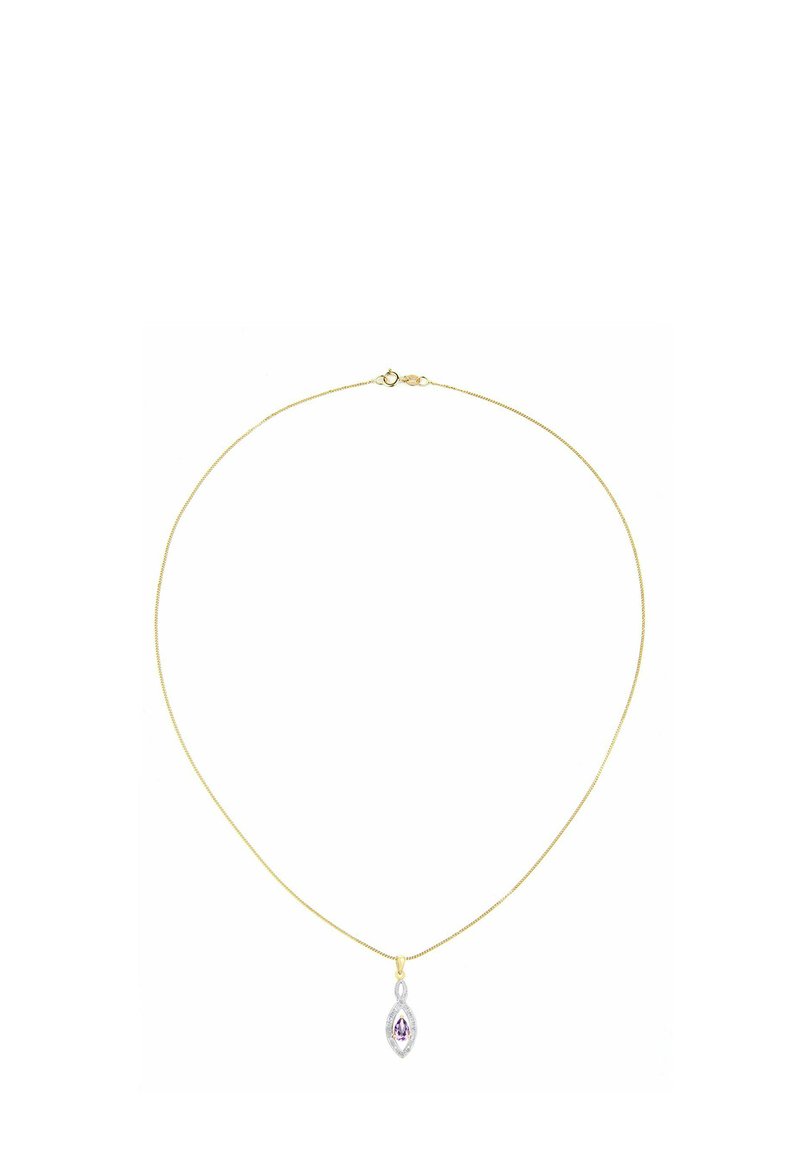 Guld kæde med et marquise-formet violet ædelsten vedhæng, indsat i en sølvramme med intrikate detaljer.