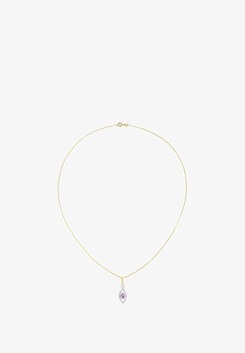 Guld kæde med et marquise-formet violet ædelsten vedhæng, indsat i en sølvramme med intrikate detaljer.