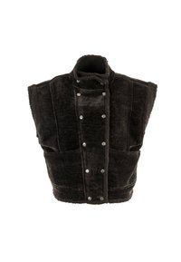 Svart kortärmad väst med ett mjukt, texturerat tyg, hög krage, tryckknappsstängning och två framfickor.