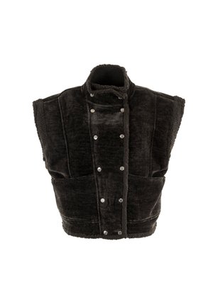 Gilet nero corto in tessuto morbido e testurizzato, con colletto alto, chiusura a bottoni automatici e due tasche frontali.