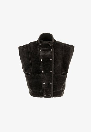 Gilet nero corto in tessuto morbido e testurizzato, con colletto alto, chiusura a bottoni automatici e due tasche frontali.