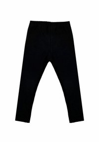 Czarne legginsy z elastycznym pasem, wykonane z miękkiego, rozciągliwego materiału. Dopasowany krój z gładką fakturą, bez widocznych wzorów ani elementów ozdobnych.