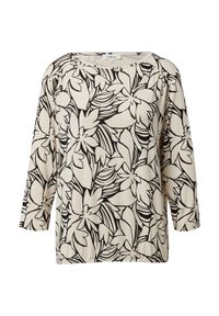 Leichtes, cremefarbenes Oberteil mit schwarzem Blumenmuster, rundem Ausschnitt und dreiviertel Ärmeln. Weicher Stoff mit lockerem Schnitt.