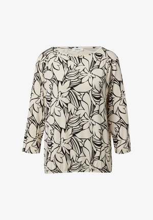 Leichtes, cremefarbenes Oberteil mit schwarzem Blumenmuster, rundem Ausschnitt und dreiviertel Ärmeln. Weicher Stoff mit lockerem Schnitt.