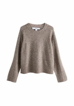 Pull en tricot marron avec des poignets et un ourlet côtelés, présentant un motif discret à pois blancs et un col rond.