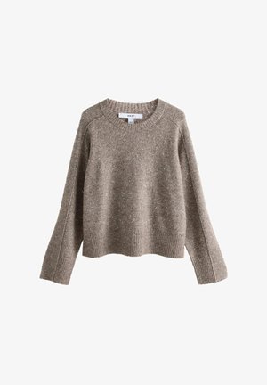 Maglione marrone a maglia con polsini e orlo a coste, caratterizzato da un sottile motivo a macchie bianche e un collo rotondo.