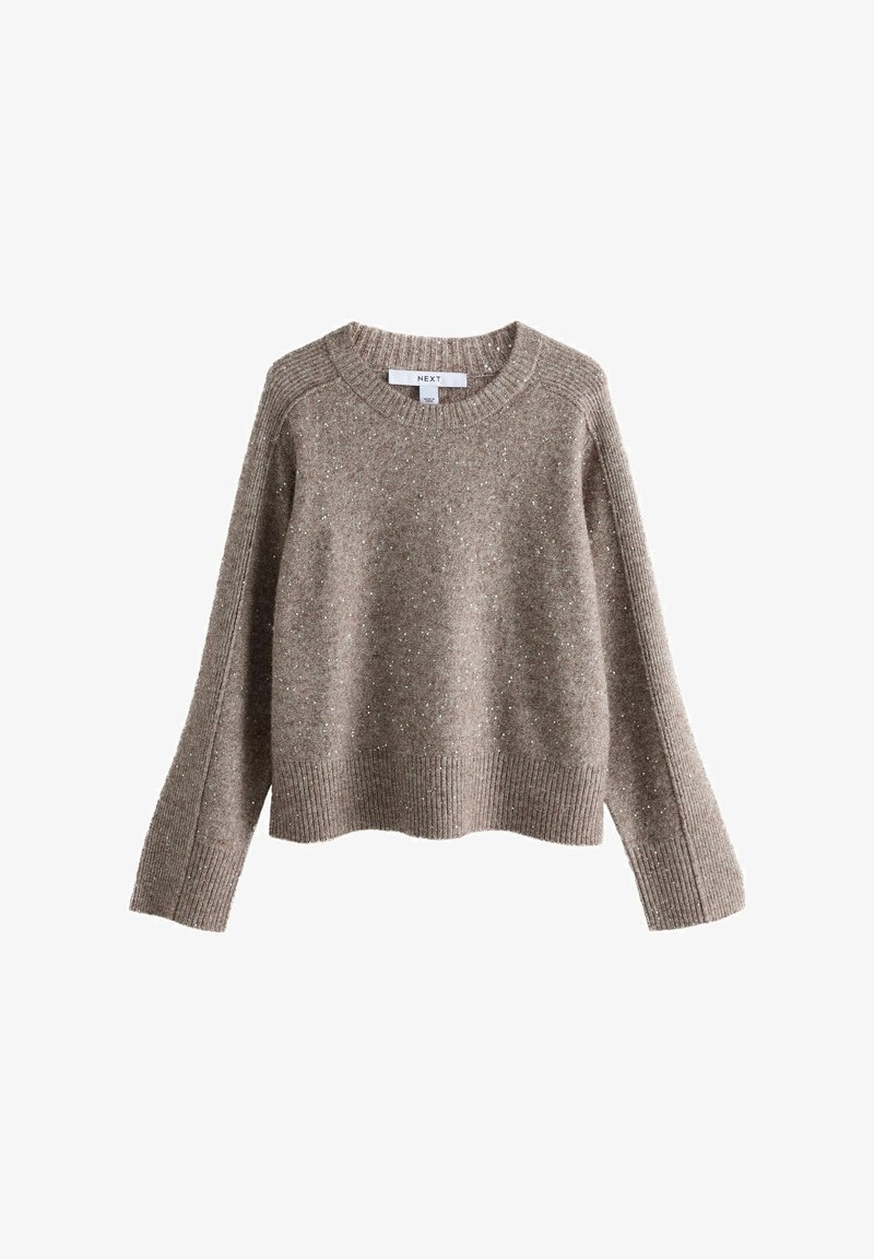 Suéter de punto marrón con puños y bajo acanalados, que presenta un sutil patrón moteado en blanco y un cuello redondo.