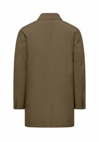 Cappotto lungo verde oliva con collo a risvolto, taglio dritto e texture liscia. Presenta bottoni ai polsini e un design pulito e minimalista.