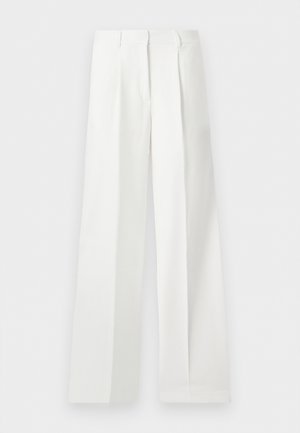 Pantalon blanc taille haute à jambes larges, confectionné, avec plis devant et fermeture éclair cachée.