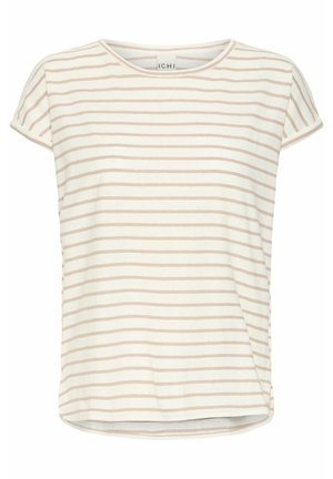 Camisa crema con rayas horizontales en marrón claro. Cuenta con un escote redondo y mangas cortas. Está hecha de una tela suave y lisa, con un corte holgado.
