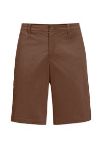Bruine shorts van een lichtgewicht stof, met een klassiek five-pocket ontwerp en een knoopsluiting, met een gladde textuur.