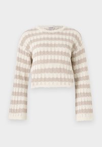 Virkat stickad tröja i beige och krämfärg, med vida ärmar, horisontella ränder och en kortad design med scalloped kanter.