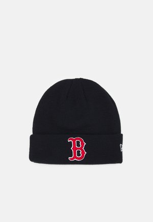 Black knit beanie featuring a folded cuff and an embroidered red "B" logo on the front. Soft texture with a close-fitting design.