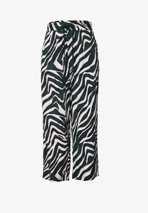 Vihreä- ja valkoiraitaiset leveälahkeiset housut, joissa on korkea vyötärö ja solmittava vyö, valmistettu kevyestä kankaasta.