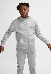 Graue Zip-Hoodie und passende Hose aus weichem Material, mit einer Fronttasche und einem Logo auf der oberen linken Seite. Glatte Textur.