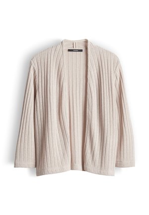 Cardigan beige aperto sul davanti con motivo a coste verticali, maniche lunghe e tessuto leggero, disteso su uno sfondo bianco.