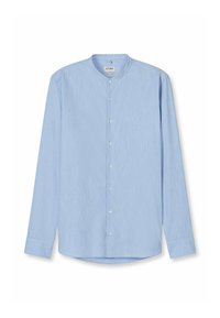 Himmelblaues Langarmhemd mit Mandarin-Kragen, Knopfleiste und glattem, strukturiertem Stoff. Abgerundeter Saum mit geknöpften Bündchen.